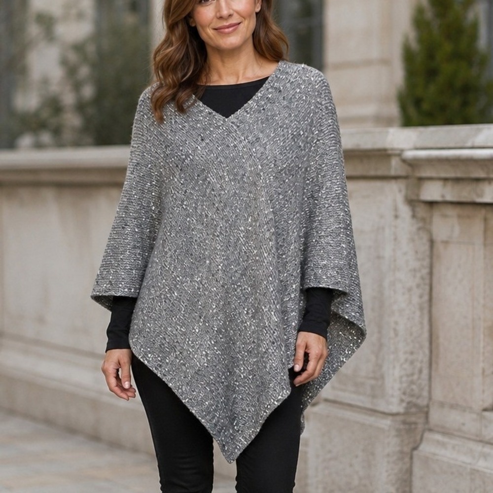 Loft Outlet Womens Grey Marled Knit V-Neck Asymmetrical Poncho Wrap One Size
